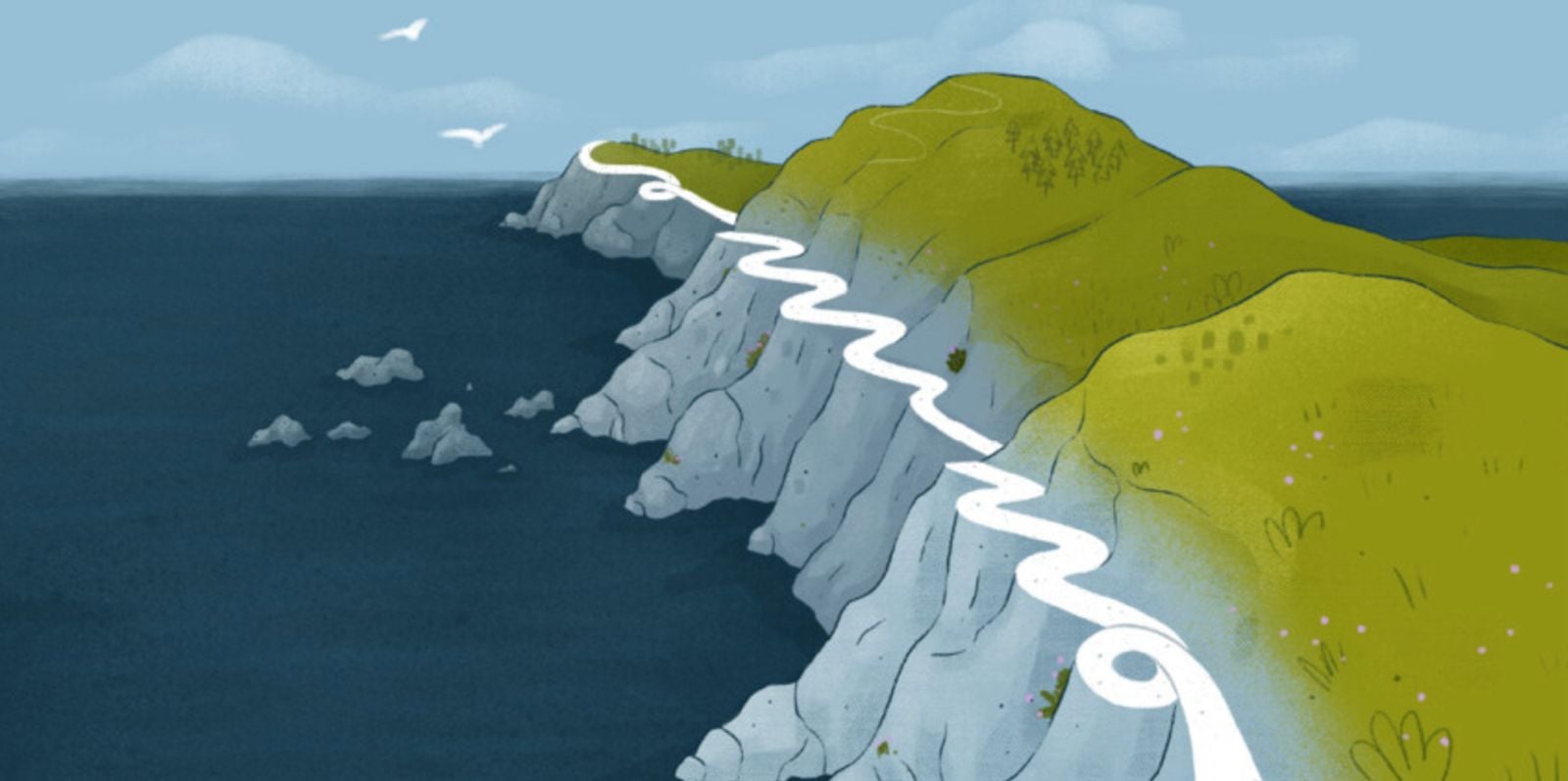 Illustration by Marta Villa: a winding white path traces the green cliffs above a deep blue sea, with seabirds overhead.